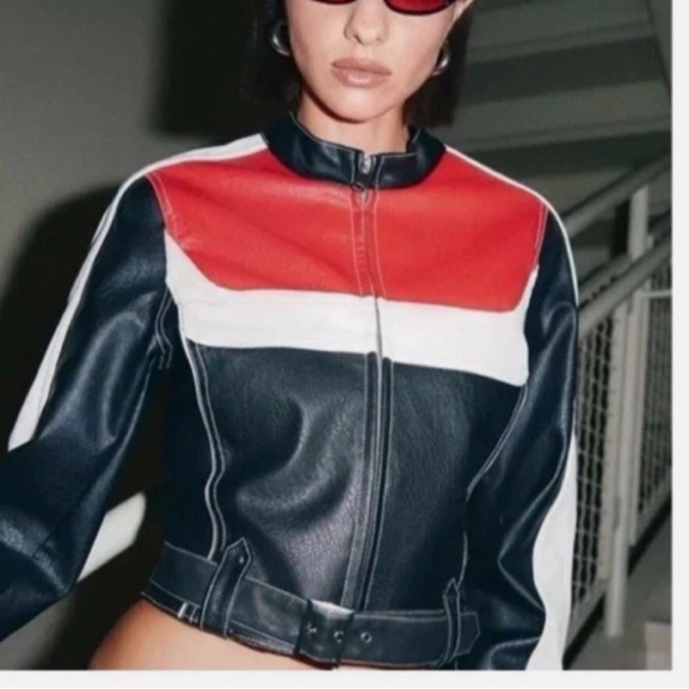 Urban Outfitters Red, Black, and White Vegan Leather Moto Jacket